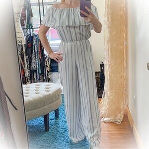 Striped Off-Shoulder Wide-Leg Jumpsuit in Blue and White